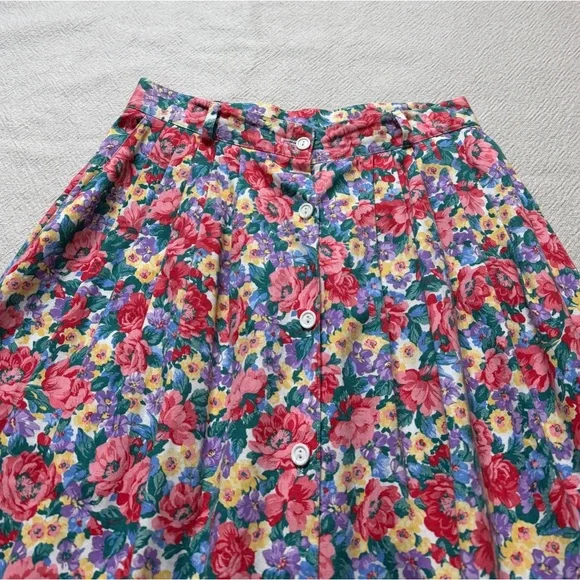 VTG 80s Bitsy Floral Button Front Aline Midi Skirt M Pockets Made in USA - Picture 4 of 7